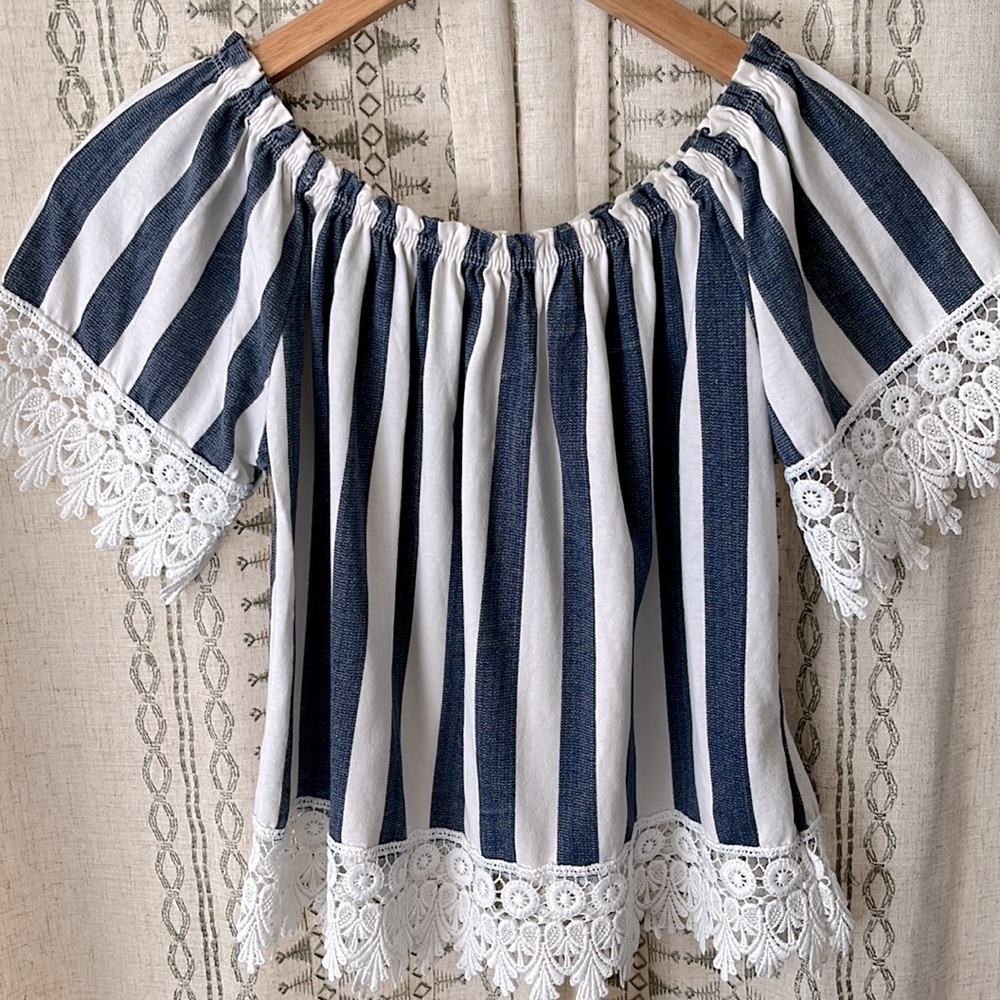 Pointelle blue/white striped cotton oversized crop top